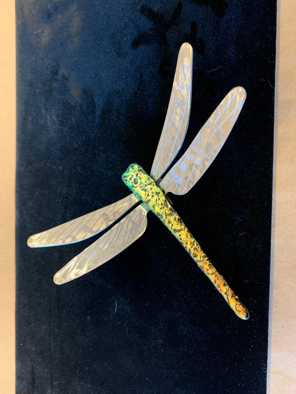 Glass Dragonfly w/ Steel Wings 6"X5" Green/Yellow