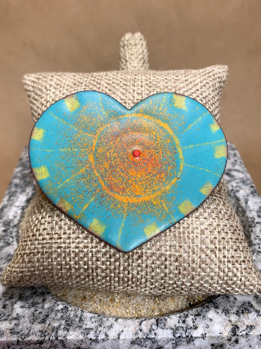 Enamel Teal/Yellow/Red on Copper Heart Pin