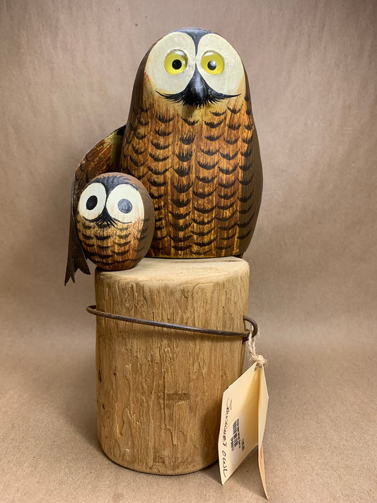 Sawwhet Owl w/ Owlett on Post 10.5"