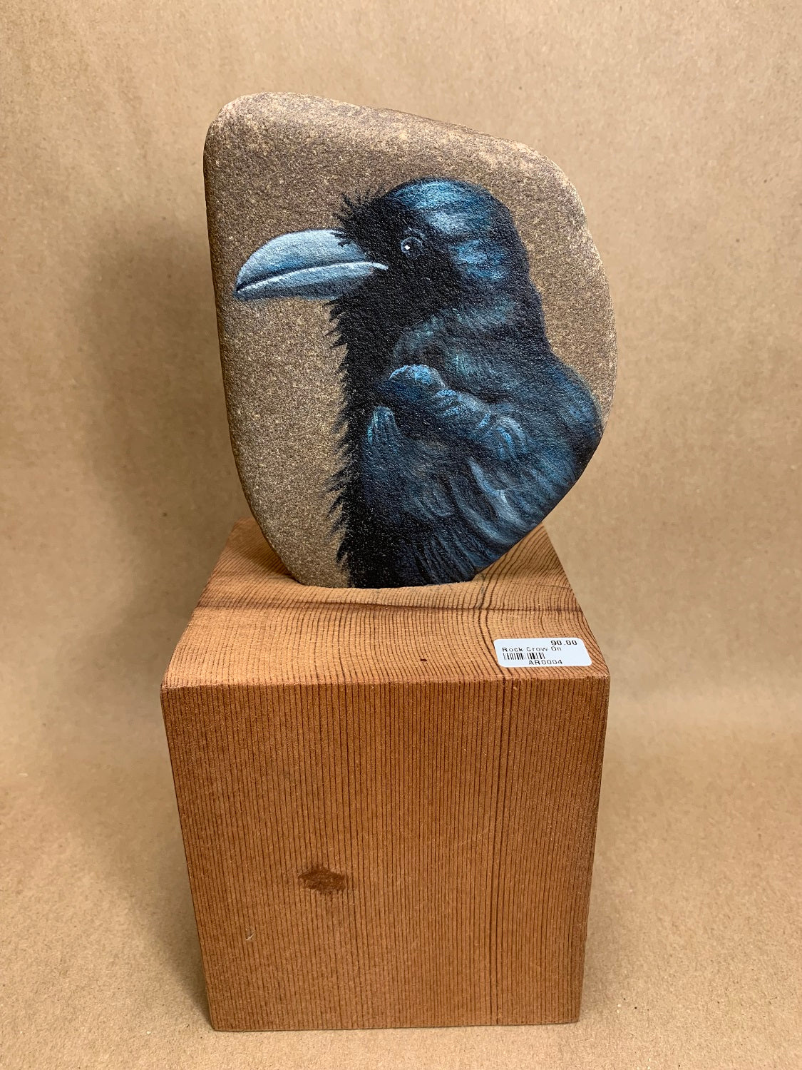 Handpainted Crow Rock Om Wooden Base 8" high
