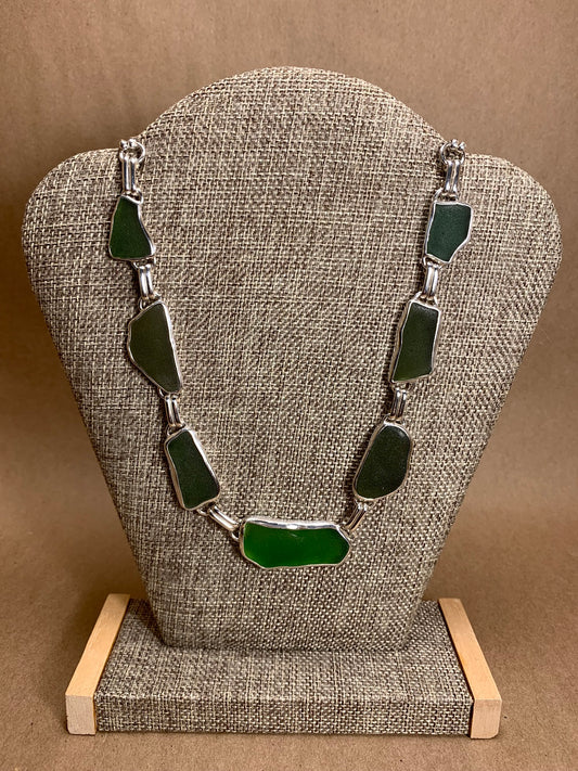 Green Beach Glass and Silver Bezeled Necklace