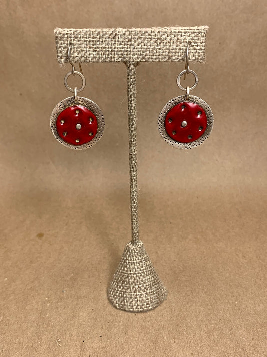 Silver and Red Enamel Disc Wire Drop Earring