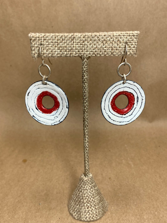 Silver and Red/White/Black Enameled Wire Drop Earrings
