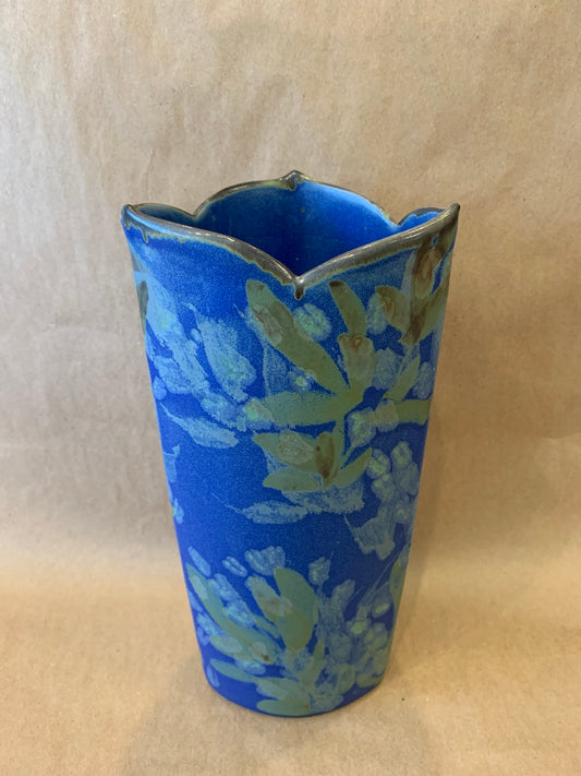 Vase w/ Scalloped Edge, Blue Glaze 10" H