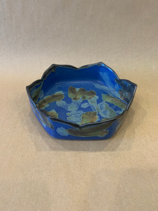 Lotus Edge small Dish w/ Blue Glaze 6" Dia