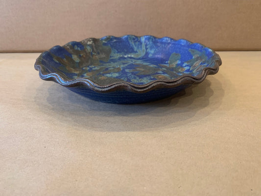 Scalloped Edge Pie Plate w/ Blue Glaze 11" Dia