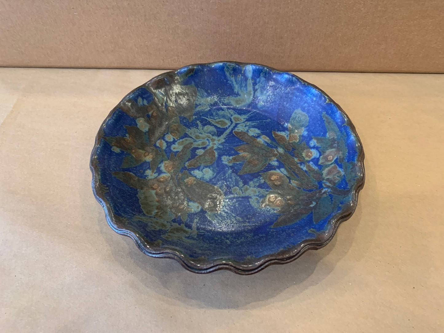 Scalloped Edge Pie Plate w/ Blue Glaze 11" Dia