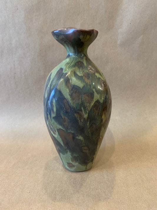 6 Sided Vase w/ Green Glaze 8"H