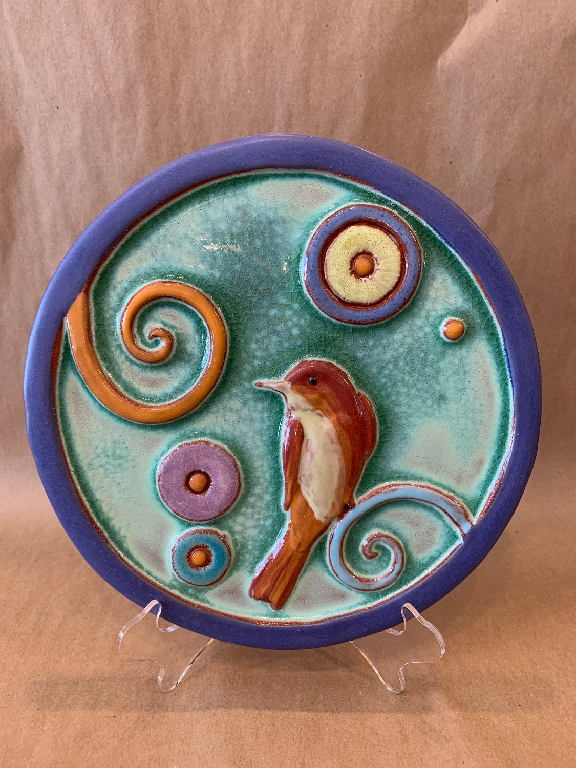 Green Bird Tile 8" Dia