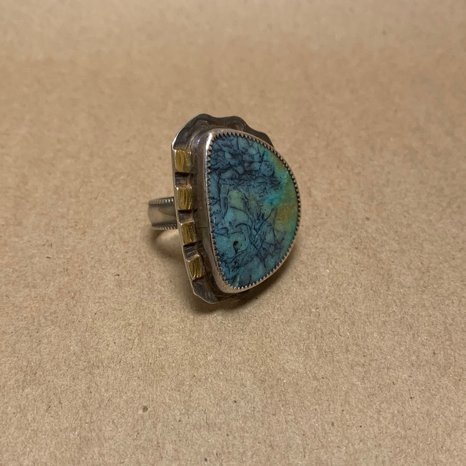 Size 8 Black Opal, 22K Gold and Sterling Silver Ring