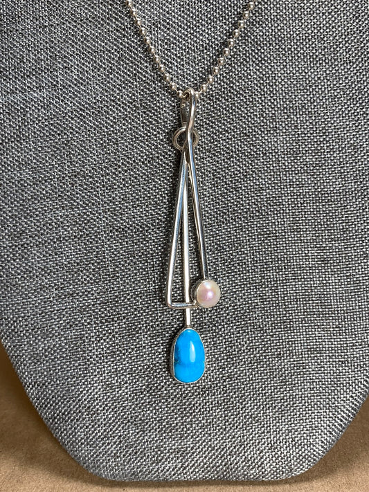 Sterling Silver, Pearl and Turquoise Necklace 18"