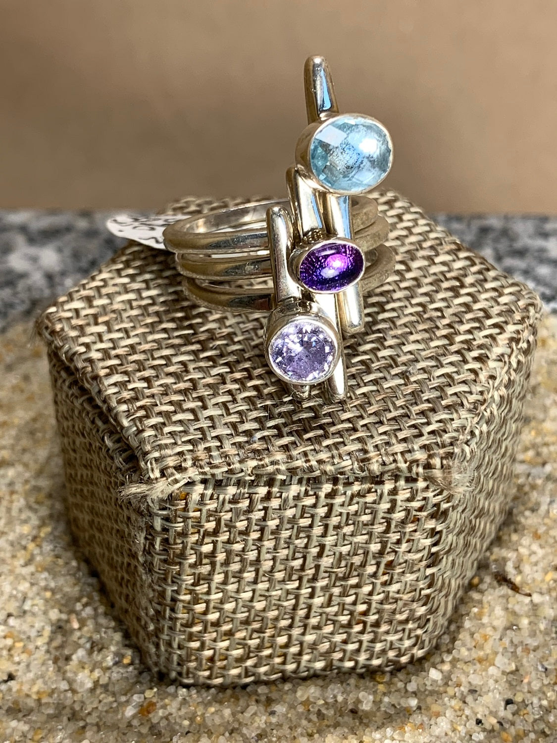 Triple Stack Silver, Amethyst and CZ Ring Size 7