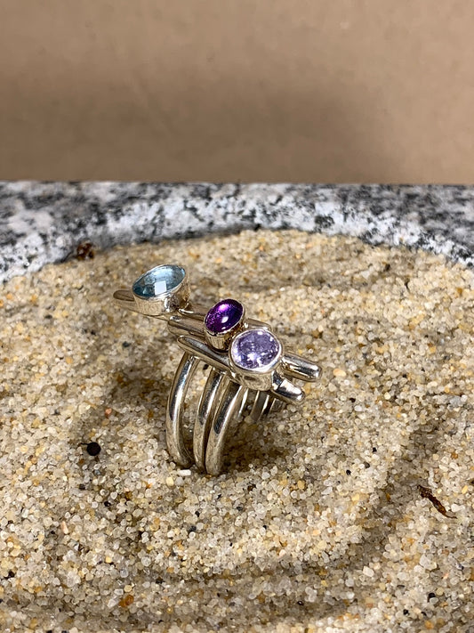 Triple Stack Silver, Amethyst and CZ Ring Size 7