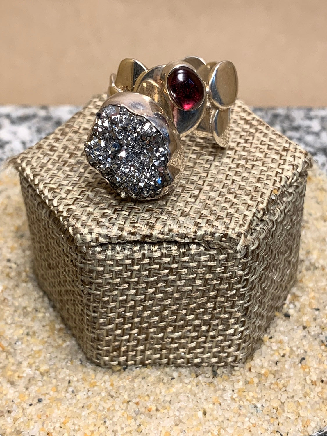 Sterling Silver, Druzy and Garnet Ring SZ 7.5