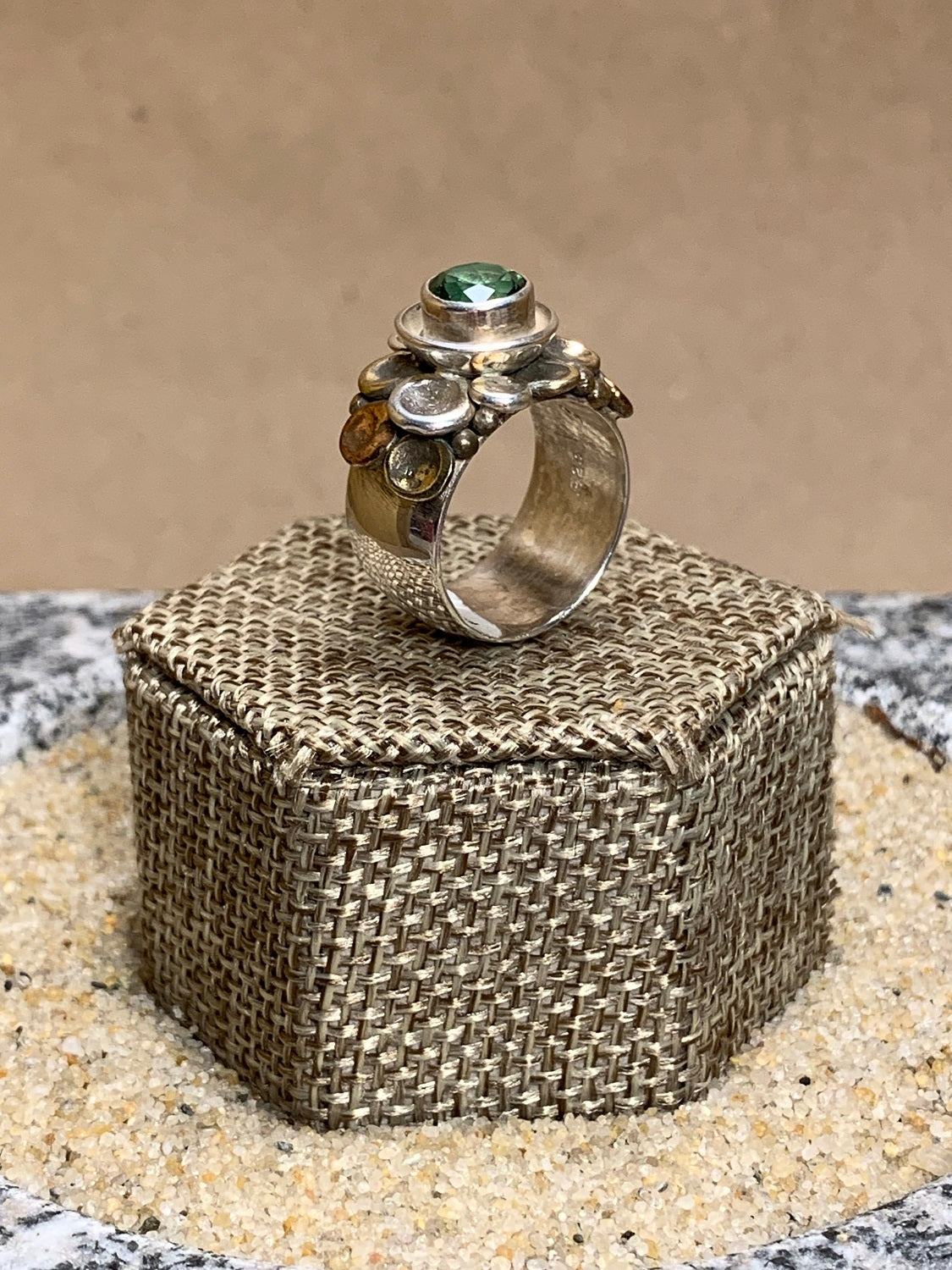 Silver Pod and Topaz Ring w/ Brass, Copper Accents SZ 6