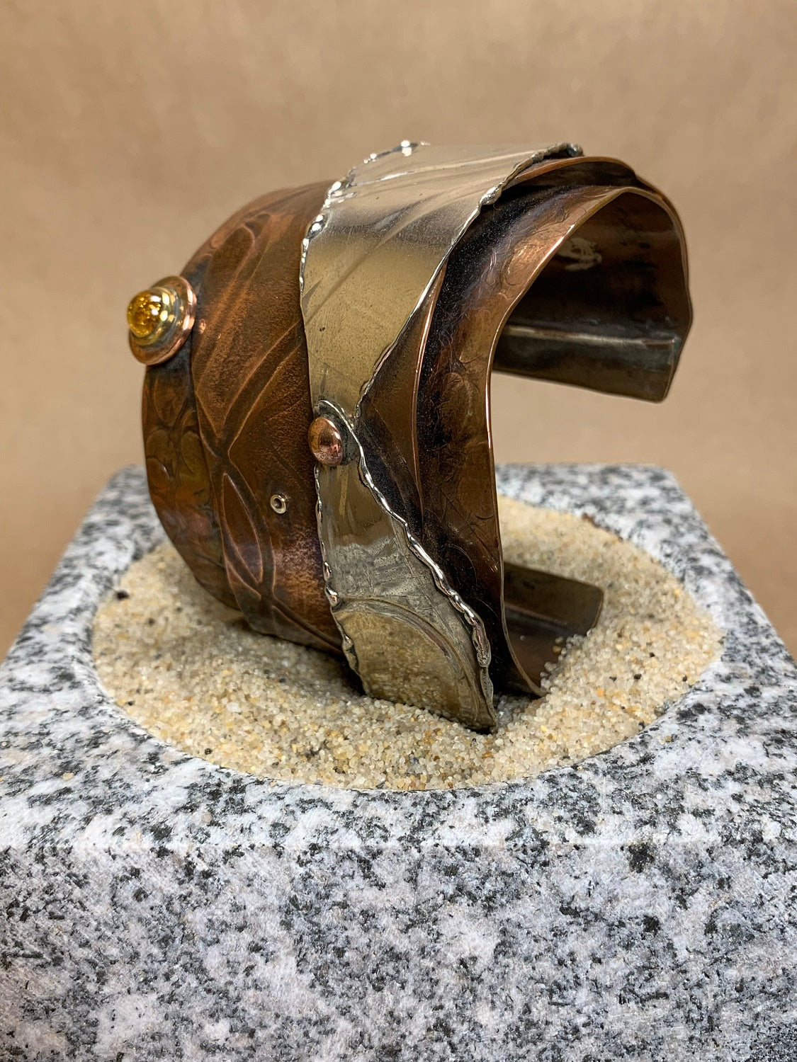 Copper and Silver Cuff with Amber Stone