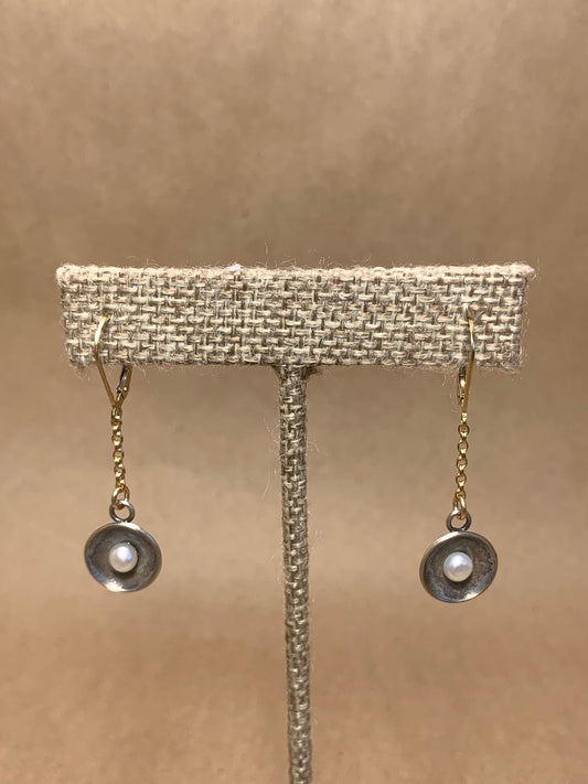 Pearl, Silver and 14K Gold Filled Dangle Lever Back Earring