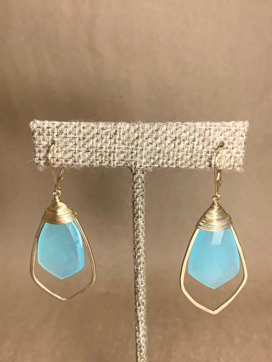 Chalcedony and 14K Gold Filled Wire Wrapped Lever Back Earrings