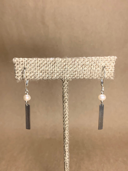 Pearl and Oxidized Silver Bar Lever Back Earrings