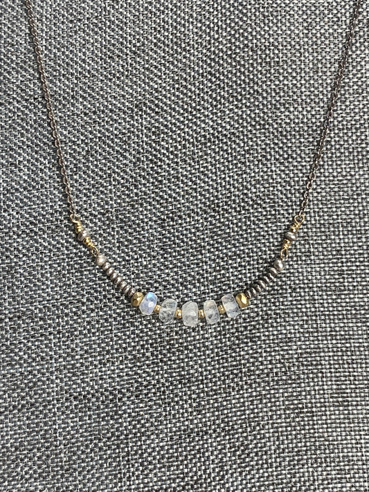 Sterling Silver, 14K Gold Filled and Moonstone Necklace 16"