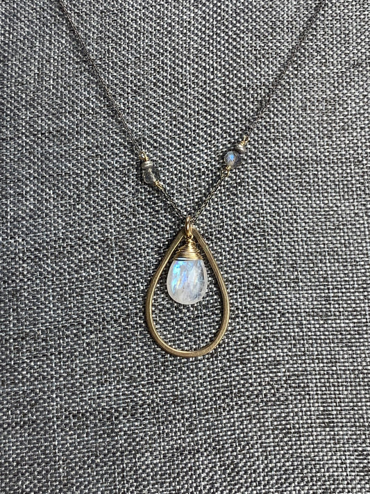 Oxidized Silver, 14K Gold Filled and Moonstone Necklace 18"