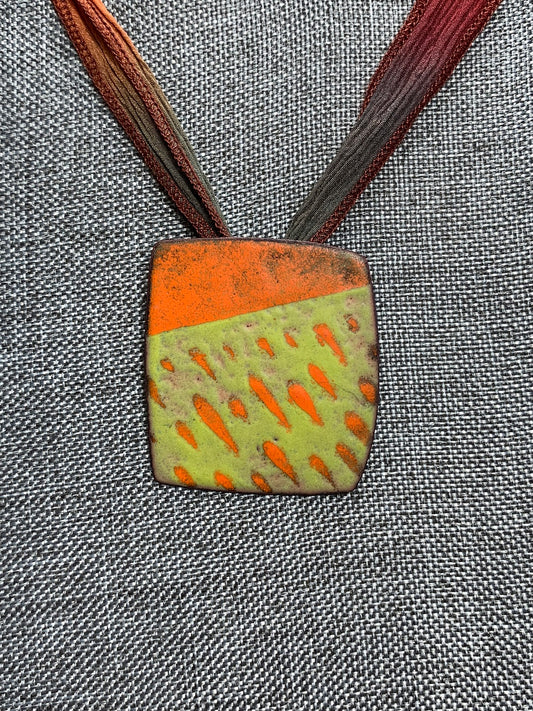 Enameled Copper Pendant On Ribbon Necklace