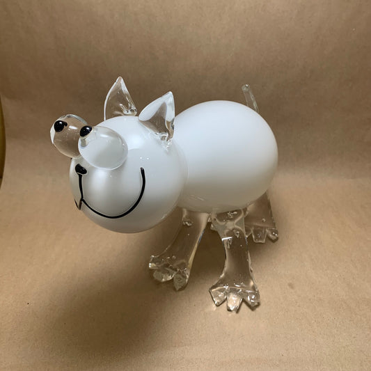 Blown Glass White Cat 8"H