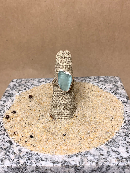 Aqua Beach Glass and Sterling Silver Ring size 6