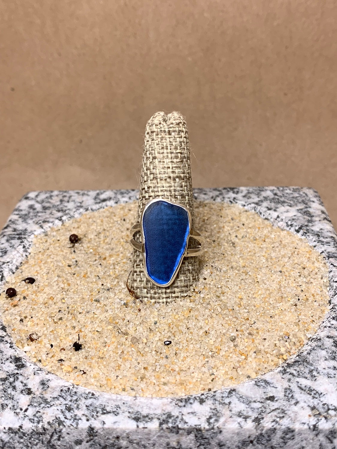 Cobalt Blue Beach Glass and Sterling Silver Ring size 9.5