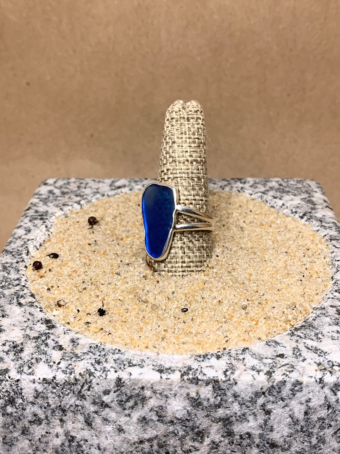 Cobalt Blue Beach Glass and Sterling Silver Ring size 9.5