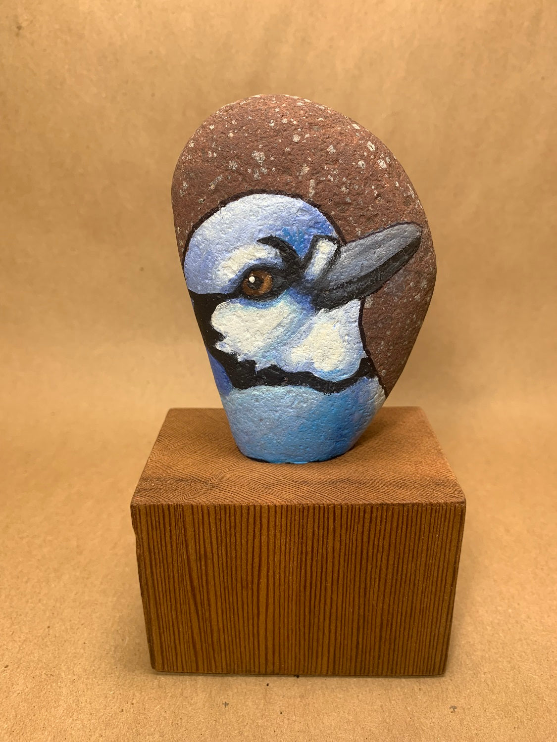 Handpainted Bluejay Rock on Wood Base 6.5" high