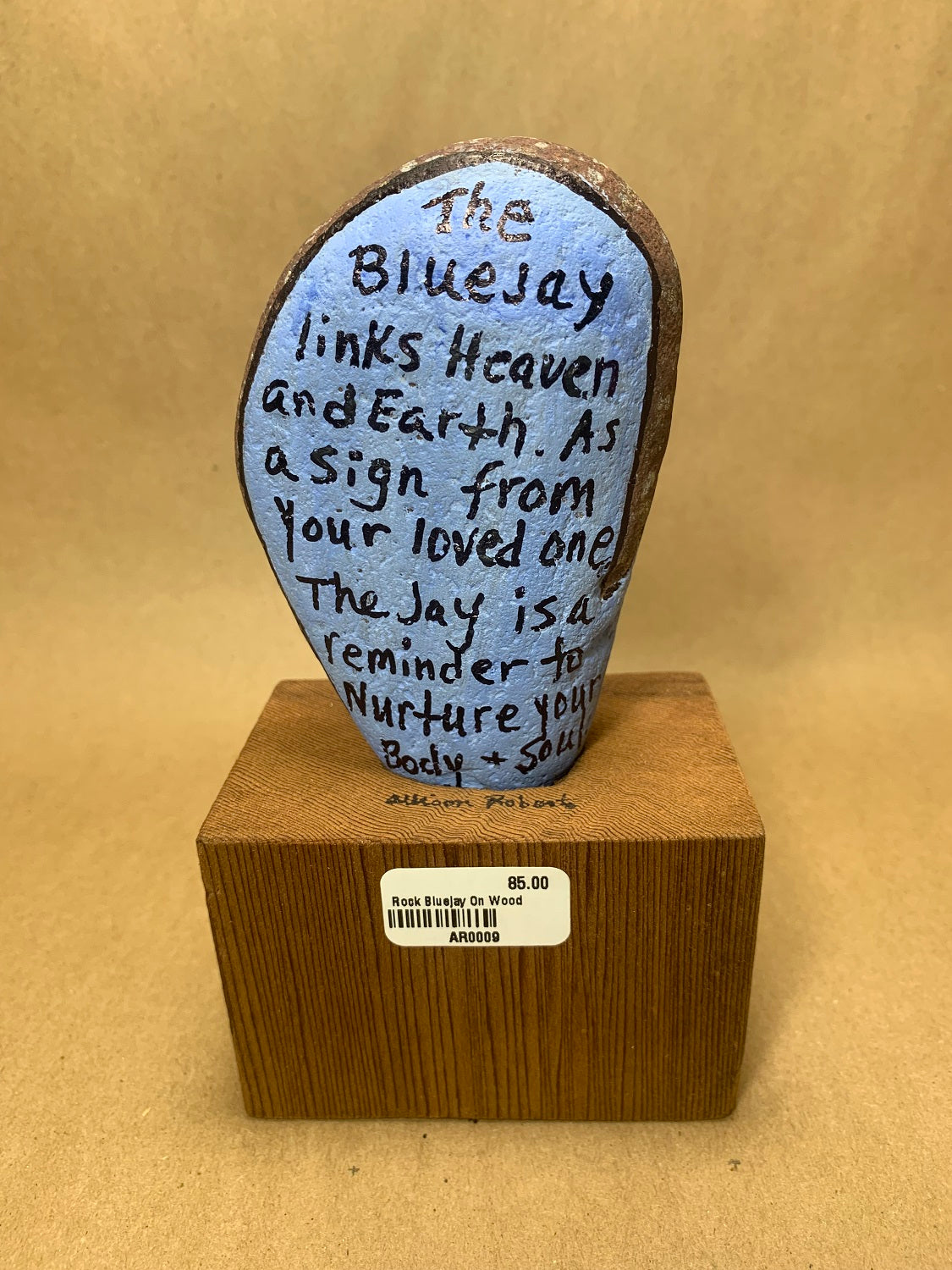 Handpainted Bluejay Rock on Wood Base 6.5" high