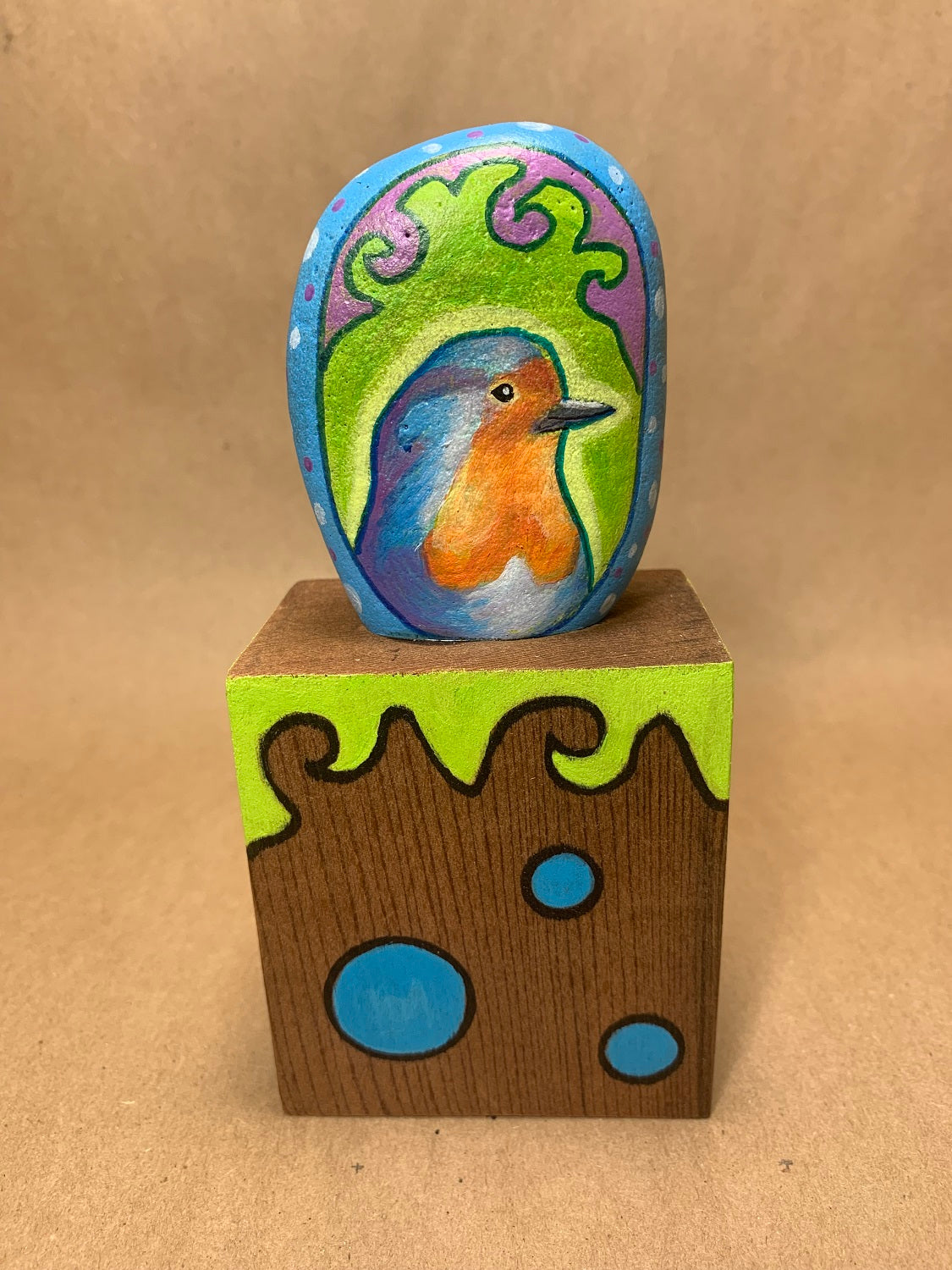 Handpainted Bird Rock on Wood Base 6" high