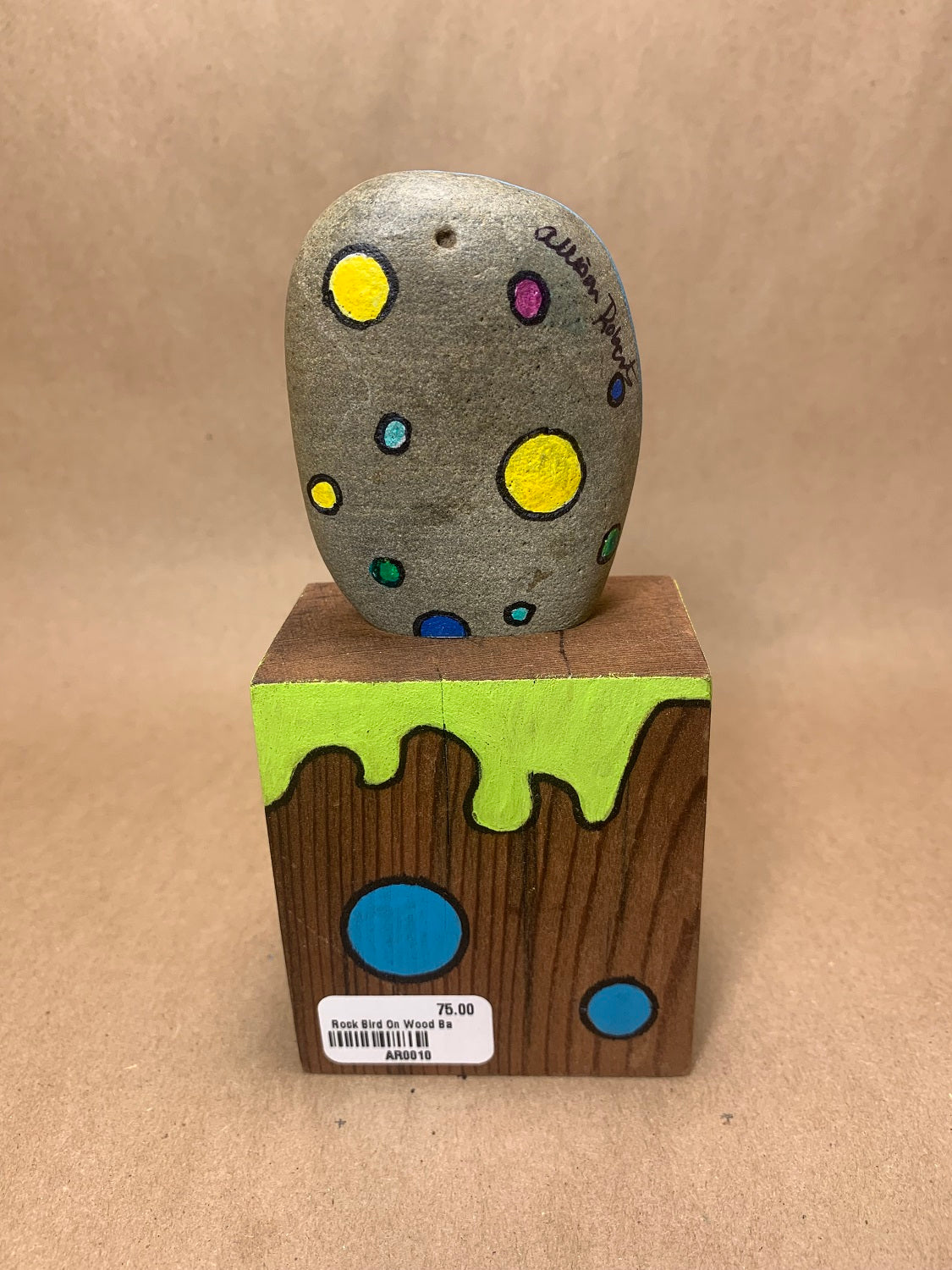 Handpainted Bird Rock on Wood Base 6" high