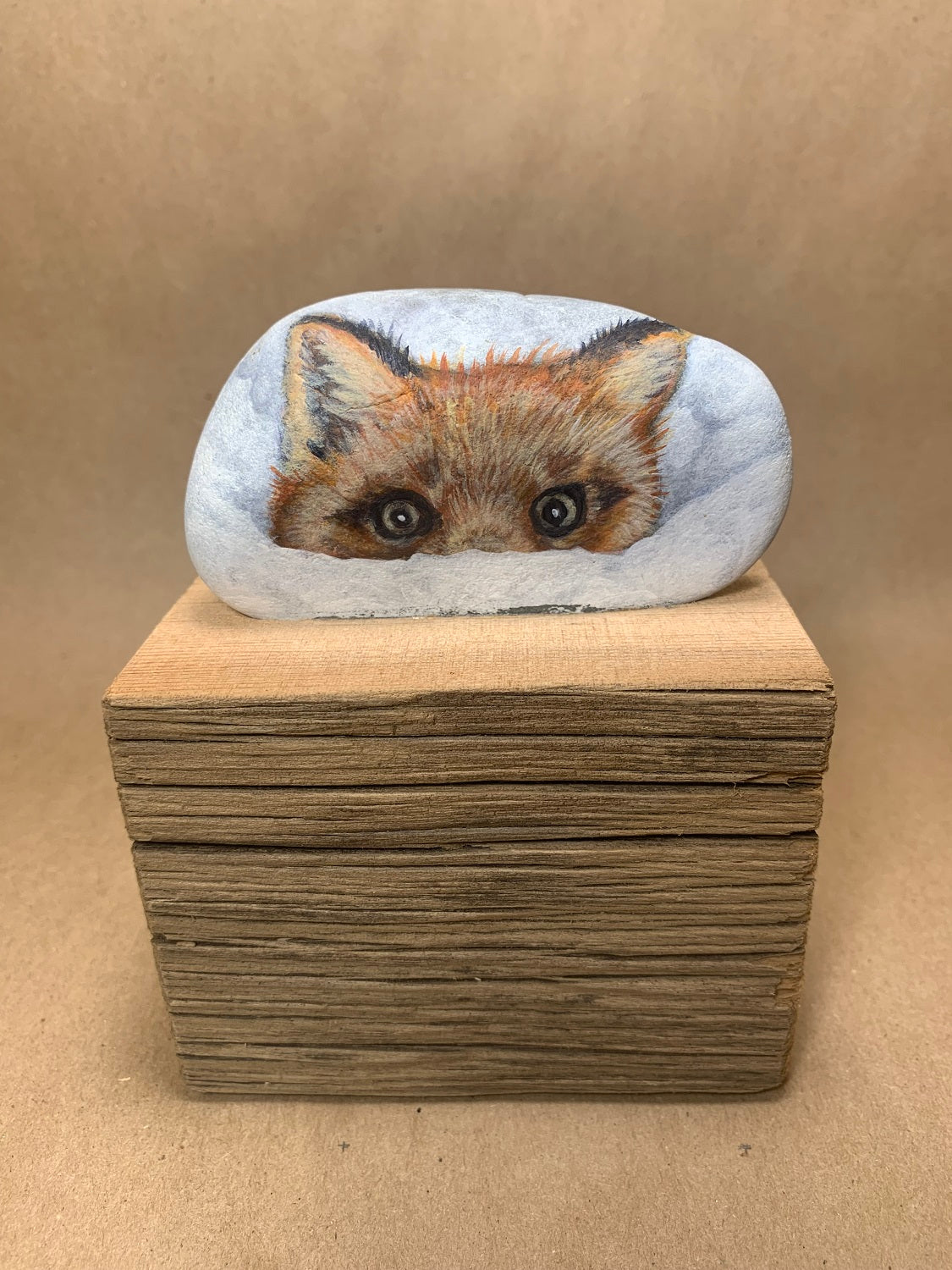 Handpainted Peeping Fox Rock on Wood Base 5" high