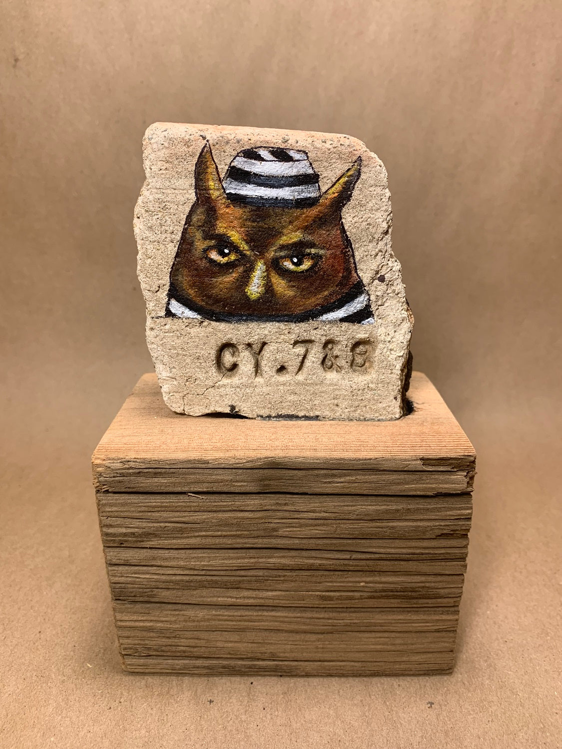 Handpainted Jailbird Owl Rock On Wood Base