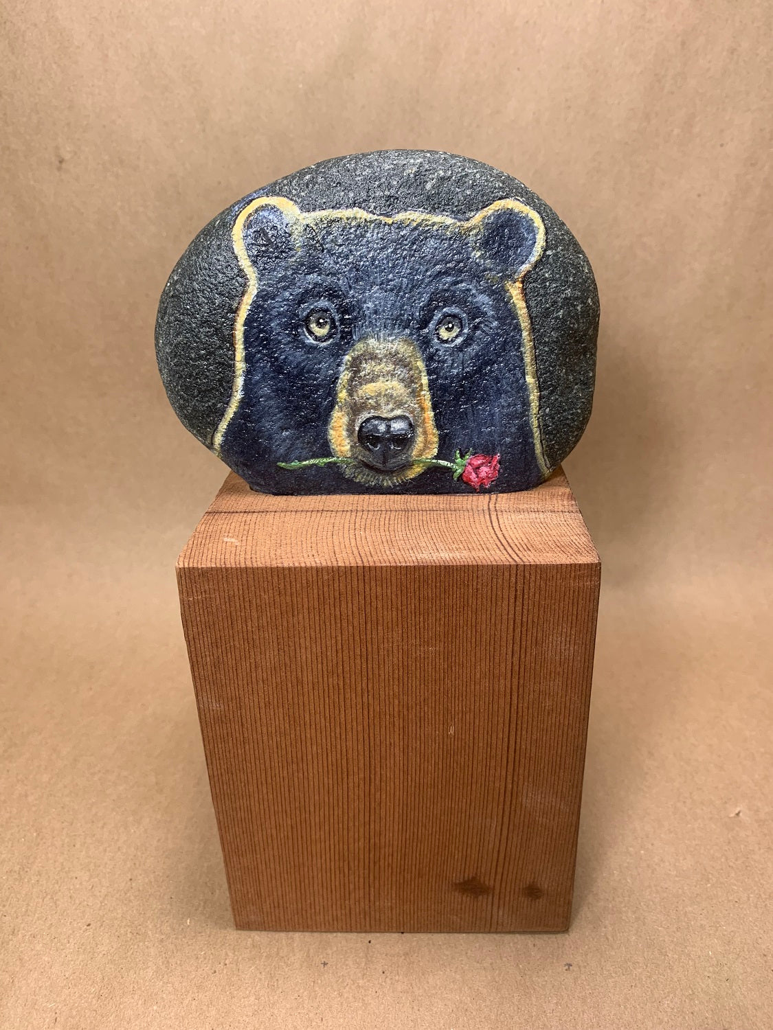 Handpainted Bear w/ Rose Rock on Wood Base 8" high