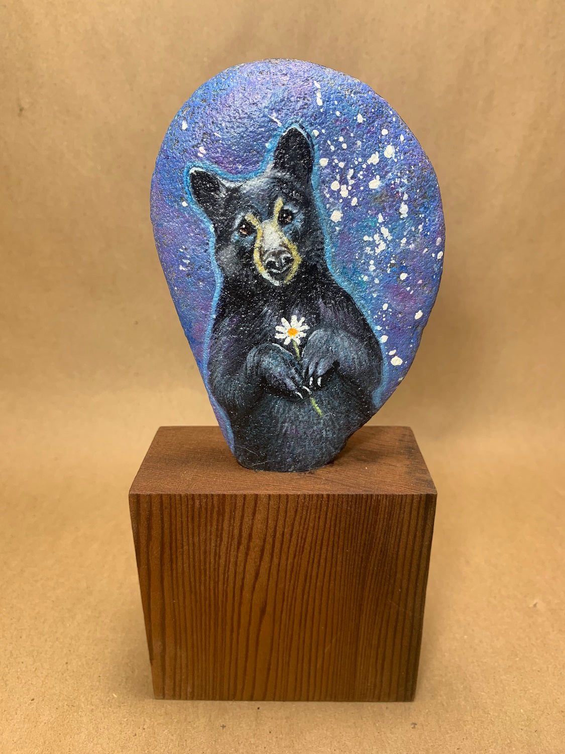 Handpainted Bear w/ Daisy Rock on Wood Base 8" high