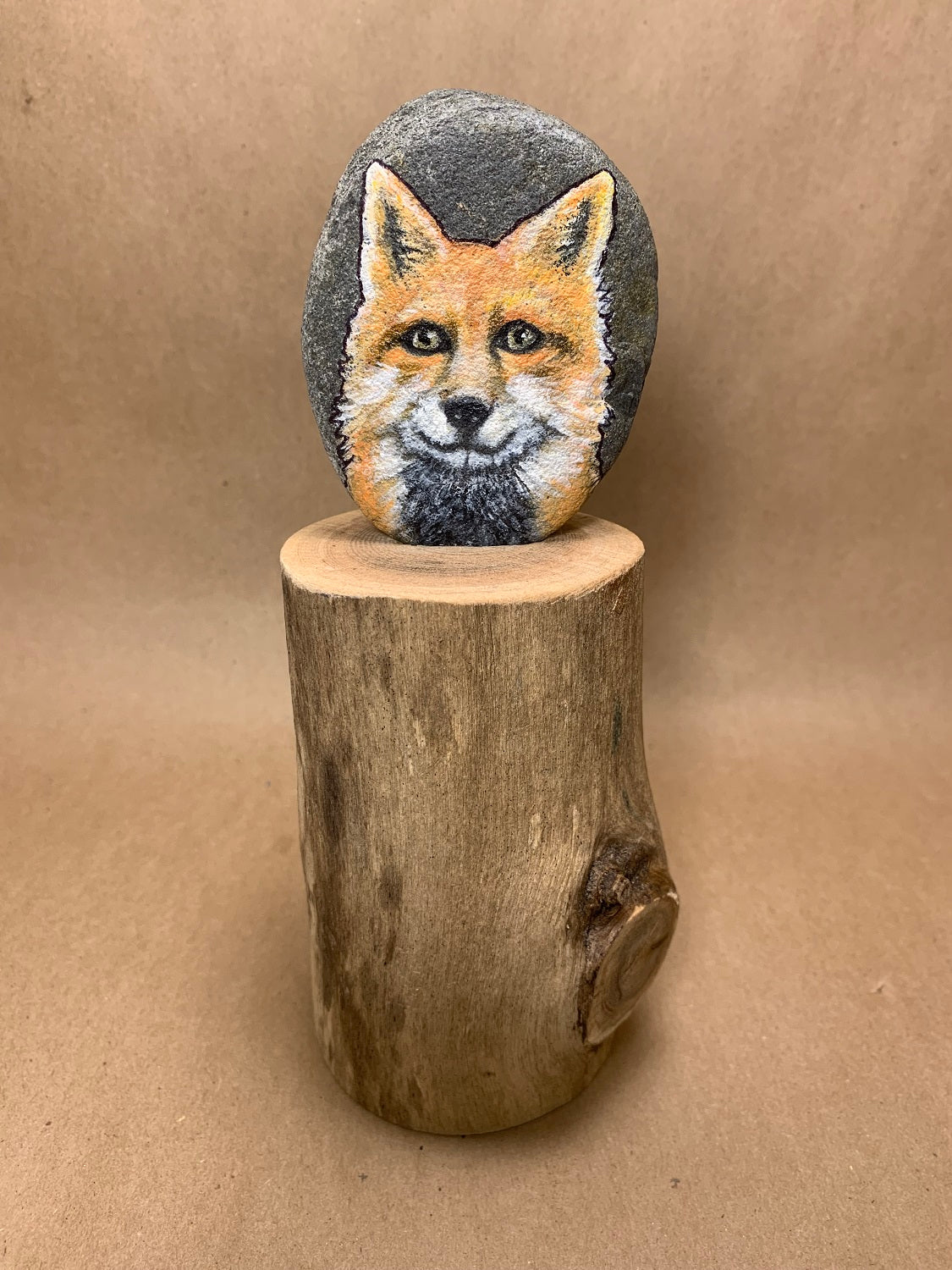 Handpainted Fox Rock on Wood Base 8" high