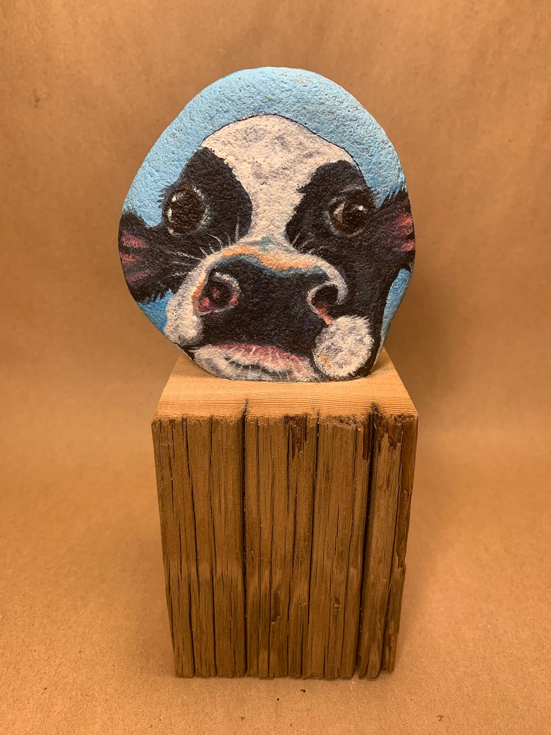 Handpainted Cow Rock on Wood Base 8" high