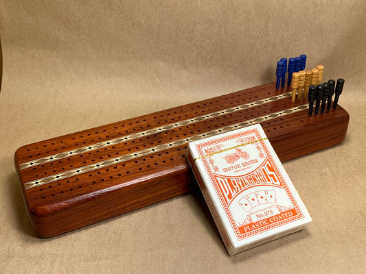 Mahogany w/ Maple and Black Walnut Inlay Cribbage Board w/ Cards