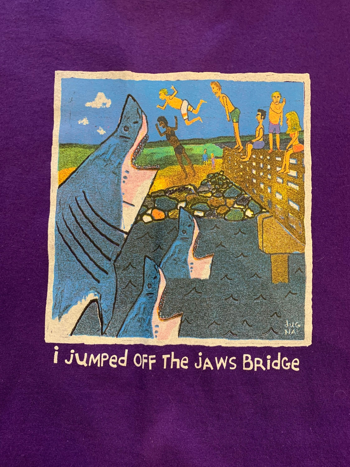 Jaws Bridge Purple T-Shirt By Dug Nap