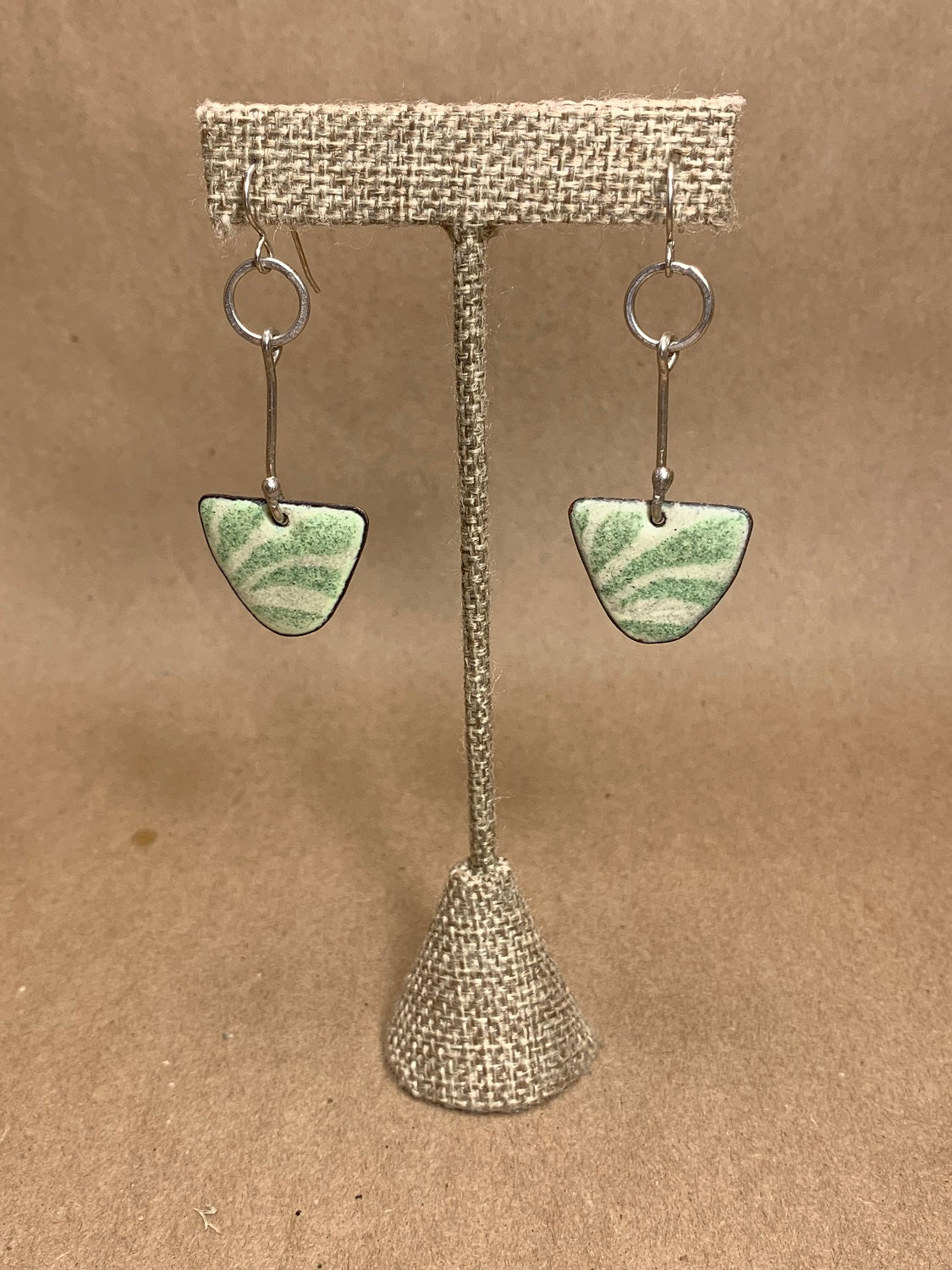 Silver and Green Enamel Wire Drop Earrings