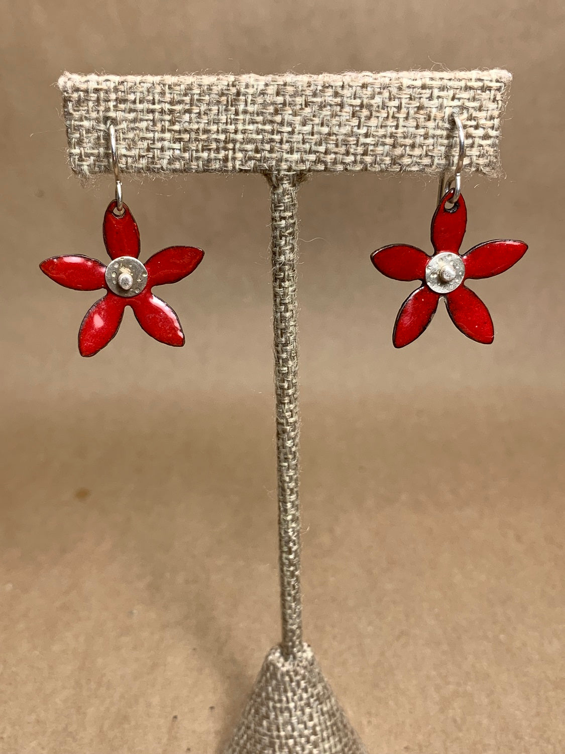 Sterling Silver and Enamel Wire Drop Earrings Red