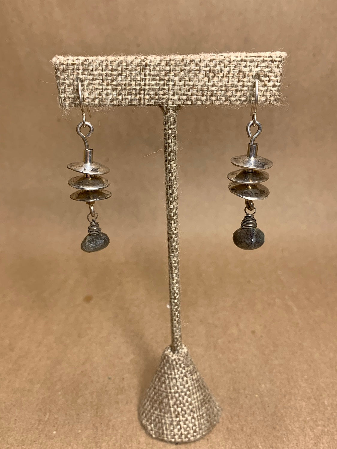 Silver Disc and Labradorite Wire Drop Earrings