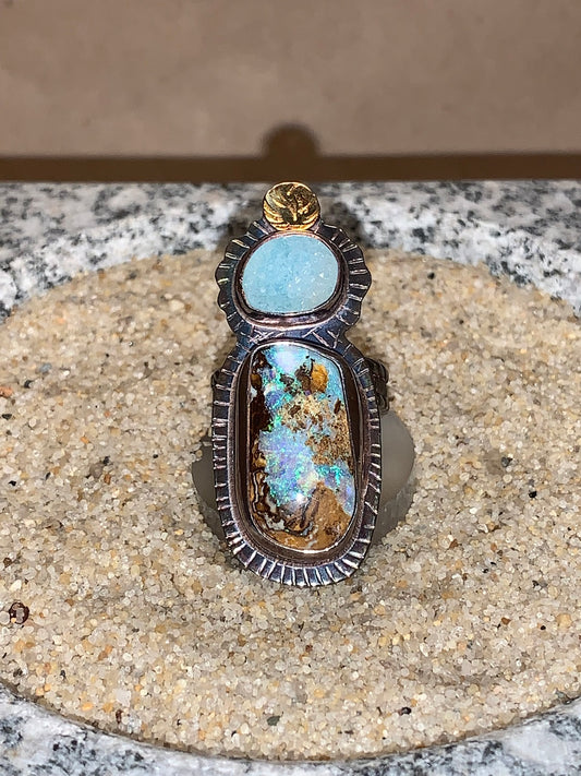 sz7.25 Opal/Chrysocolla Druzy/SS/18K