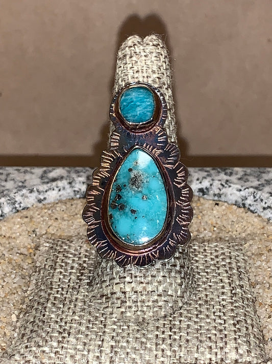 sz8 Amazonite/Pyrite,Turq/SS Ring