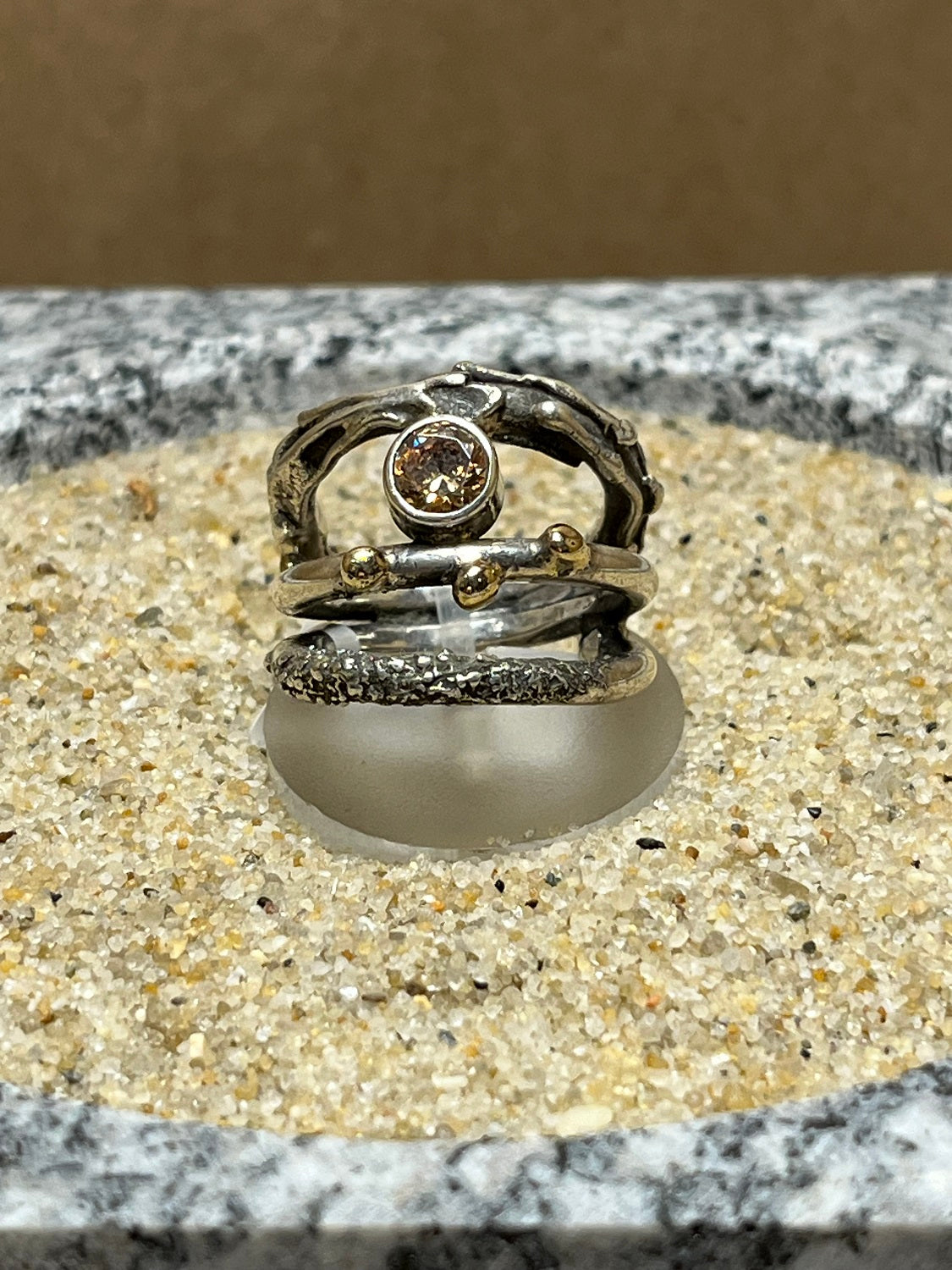Silver Twig Ring w/ Chapagne CZ sz 7