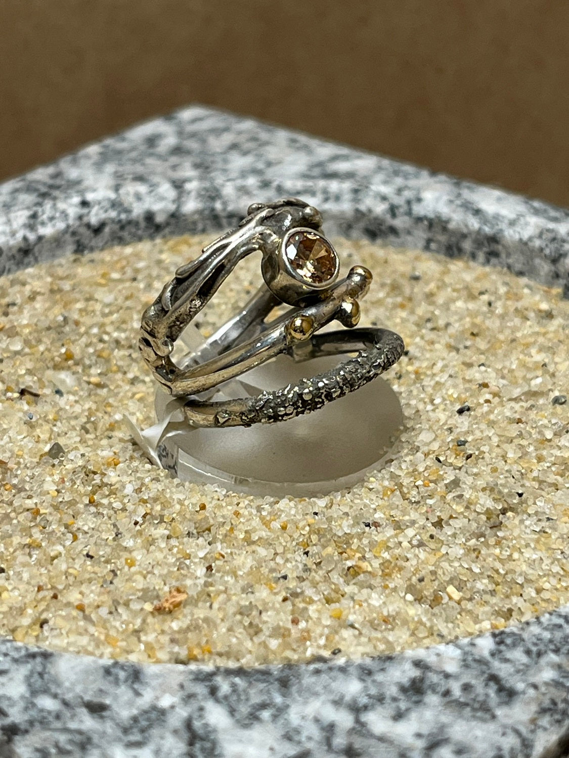 Silver Twig Ring w/ Chapagne CZ sz 7
