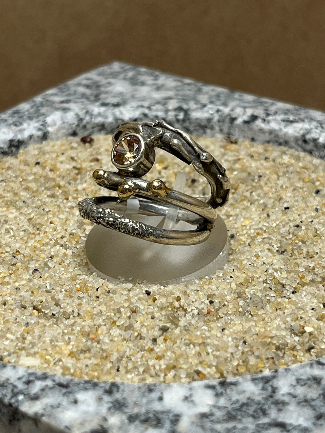 Silver Twig Ring w/ Chapagne CZ sz 7